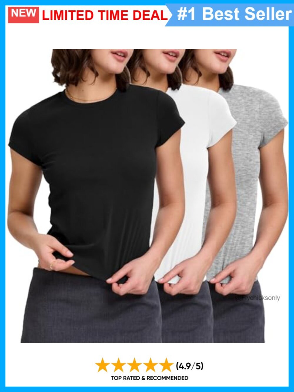 Women's Fitted Cotton Stretch Baby Tee 3-Pack Crew Neck Short Sleeve T-Shirts